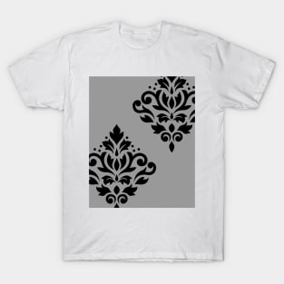 Scroll Damask Art I Black on Gray T-Shirt